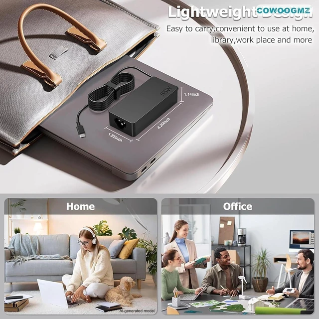 Alt view image 6 of 6 - 65W USB C Laptop Charger Compatible with ThinkPad X1 X13 T14 T15 E14 E15 T480s T490 E480 Yoga 7i 9i Thinkbook 13s 14 15 16 Plus G4 65W 45W Computer Charger USB Type C AC Power Adapter