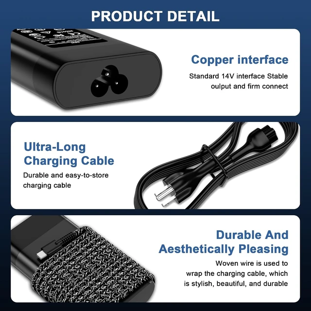 Alt view image 2 of 7 - 65W USB C Laptop Charger Compatible with Spectre x360 Spectre Envy Elitebook x360 Elite x2 ProBook Chromebook New Slim Computer Travel Type-C Power Cord AC Adapter