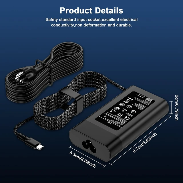 Alt view image 5 of 7 - 65W USB C Laptop Charger Compatible with Spectre x360 Spectre Envy Elitebook x360 Elite x2 ProBook Chromebook New Slim Computer Travel Type-C Power Cord AC Adapter