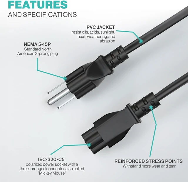 Alt view image 5 of 6 - 3 Prong AC Laptop Power Cord 5Ft Universal Power Cable