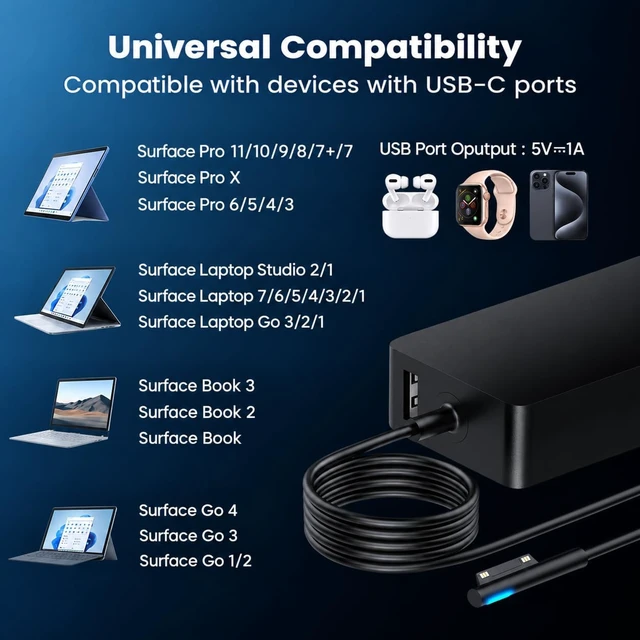 Alt view image 3 of 7 - 102W Surface Book 2 Charger for Microsoft Surface Laptop Studio Surface Laptop 3 4 5 Windows Surface Pro/Go Fast Charge 9.19Ft Super Long Cable with Magnetic Plug & LED