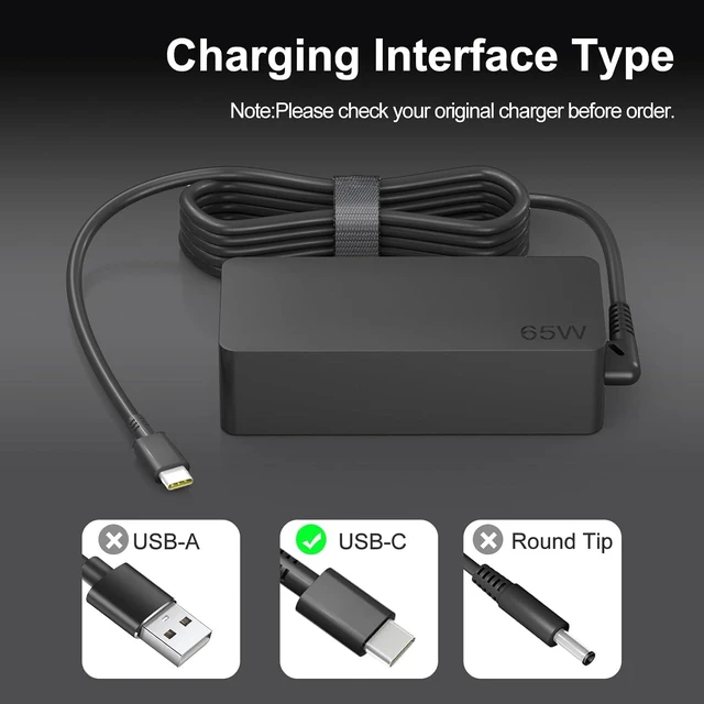 Alt view image 2 of 7 - 65W USB C Laptop Charger Compatible with Yoga/Thinkbook/Chromebook/IdeaPad/Thinkpad X1 X13 T14 T15 T480s T580s T490 Replacement for Laptop Charger