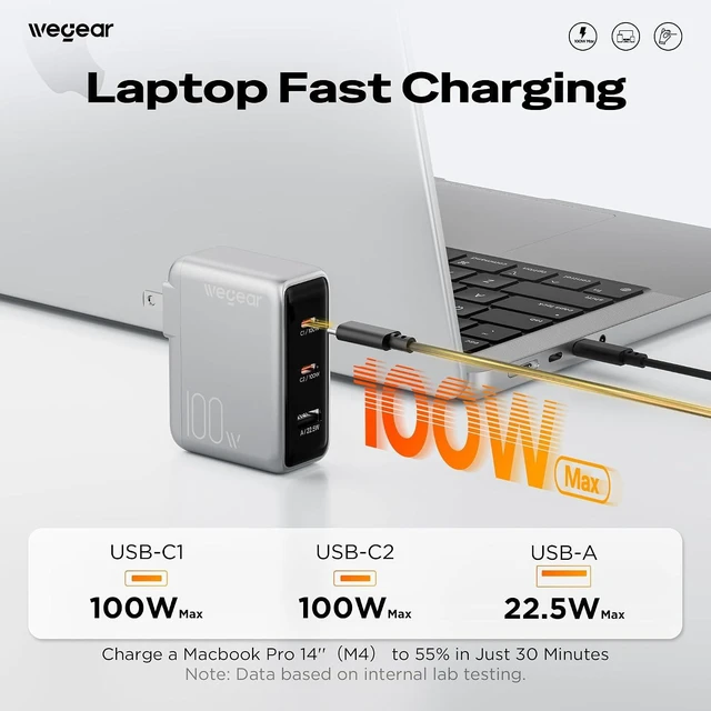Alt view image 2 of 7 - 100W GaN USB C Charger Block 3-Port Slim Foldable Wall Charger