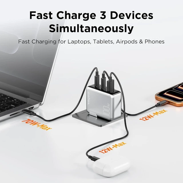 Alt view image 3 of 7 - 100W GaN USB C Charger Block 3-Port Slim Foldable Wall Charger