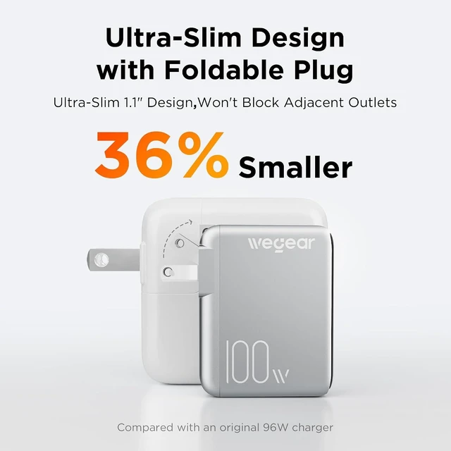 Alt view image 5 of 7 - 100W GaN USB C Charger Block 3-Port Slim Foldable Wall Charger