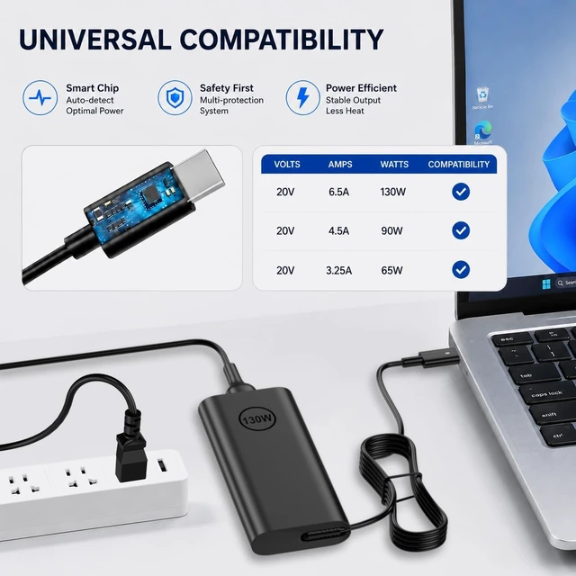 Alt view image 2 of 7 - Laptop Charger USB C 130W Type C AC Adapter for XPS Latitude Precision