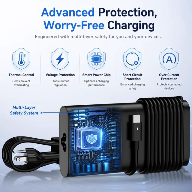 Alt view image 4 of 7 - Laptop Charger USB C 130W Type C AC Adapter for XPS Latitude Precision