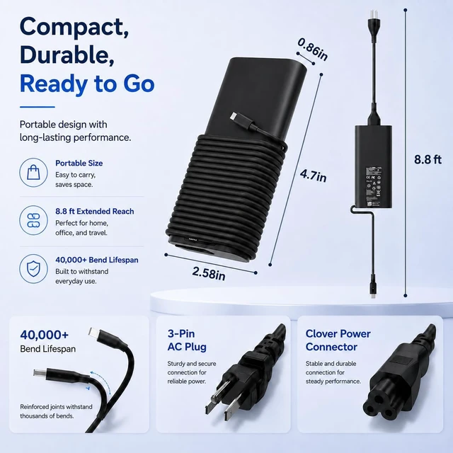 Alt view image 5 of 7 - Laptop Charger USB C 130W Type C AC Adapter for XPS Latitude Precision