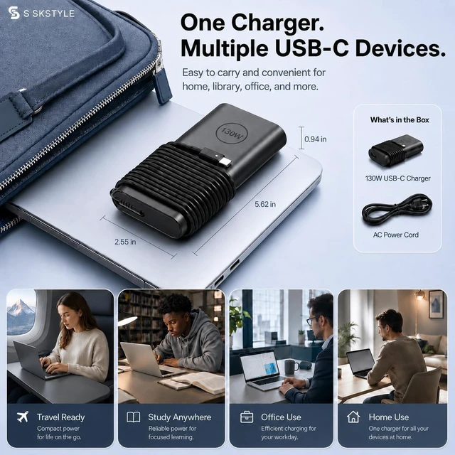 Alt view image 6 of 7 - Laptop Charger USB C 130W Type C AC Adapter for XPS Latitude Precision