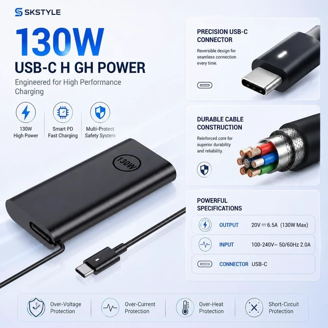 Alt view image 7 of 7 - Laptop Charger USB C 130W Type C AC Adapter for XPS Latitude Precision