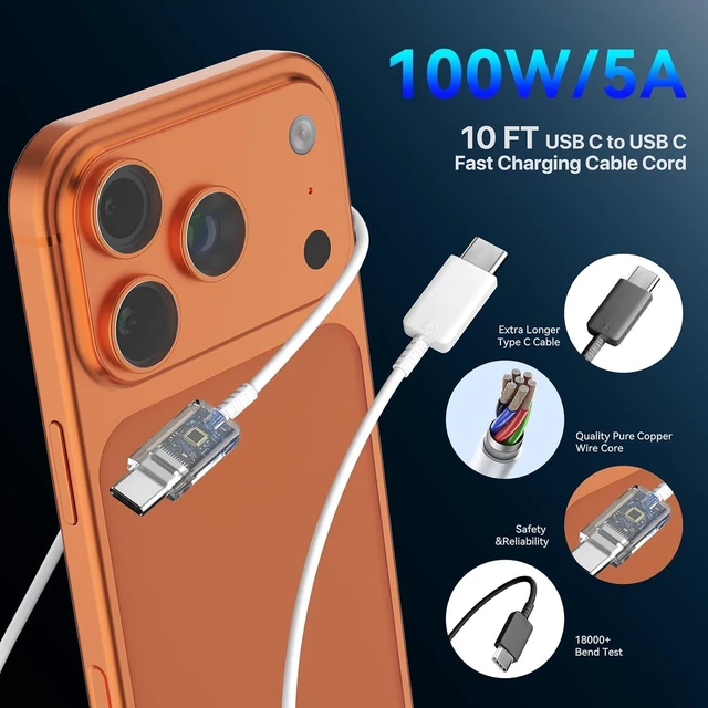 Alt view image 4 of 7 - iPhone 17 16 15 Charger Fast Charging PD 45W 10 FT USB C Cable iPhone 17/16/15 Pro max Charging Long Cord with Charger Block for iPhone 17 Pro Max/17 Pro/17 Air/iPhone 16 15 Series iPad 2Pack