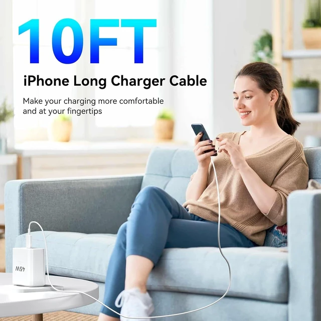 Alt view image 5 of 7 - iPhone 17 16 15 Charger Fast Charging PD 45W 10 FT USB C Cable iPhone 17/16/15 Pro max Charging Long Cord with Charger Block for iPhone 17 Pro Max/17 Pro/17 Air/iPhone 16 15 Series iPad 2Pack