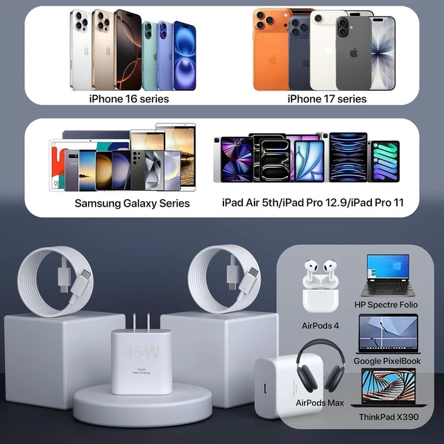 Alt view image 7 of 7 - iPhone 17 16 15 Charger Fast Charging PD 45W 10 FT USB C Cable iPhone 17/16/15 Pro max Charging Long Cord with Charger Block for iPhone 17 Pro Max/17 Pro/17 Air/iPhone 16 15 Series iPad 2Pack