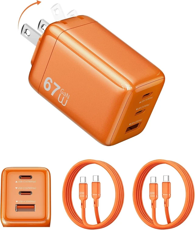 Main image of 67W Fast Charger 3 Port GaN Compact Foldable Plug PD Fast Charger USB C Wall Plug with 5Ft 2 Cables for iPhone 17/16/15 Series iPad Air MacBook Air ThinkPad XPS (Orange)