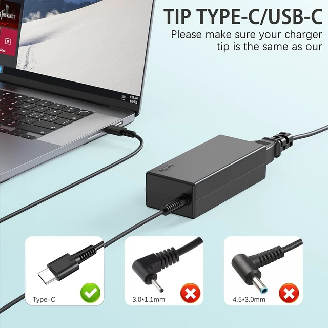 Alt view image 4 of 6 - 65W USB C Charger Replacement for ThinkPad X1 X13 T14 T15 E14 E15 T480s T490 E480 Yoga 7i 9i Thinkbook 13s 14 15 16 Plus G4 Fast Charging Type C Laptop Power Cord Adapter