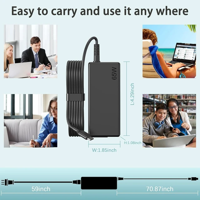 Alt view image 6 of 6 - 65W USB C Charger Replacement for ThinkPad X1 X13 T14 T15 E14 E15 T480s T490 E480 Yoga 7i 9i Thinkbook 13s 14 15 16 Plus G4 Fast Charging Type C Laptop Power Cord Adapter