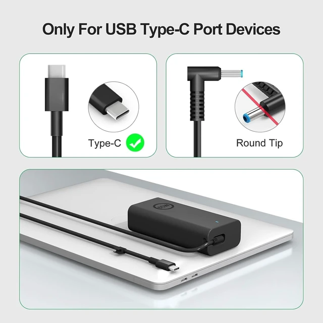 Alt view image 2 of 7 - 65W 45W Laptop Charger USB C Compatible with Latitude 5420 5520 5320 5430 5290 7410 7420 XPS 13 9250 9360 9365 9370 9380 9350 9550 Chromebook 5190 Type C AC Adapter
