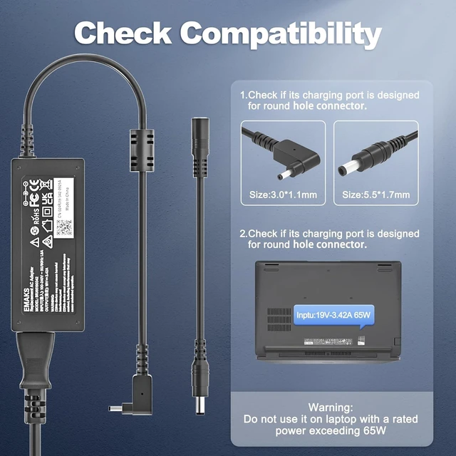 Alt view image 6 of 6 - 65W Laptop Charger for Acer Aspire 1 3 5 A515-44 45 46 54 54G A315-24P 24PT