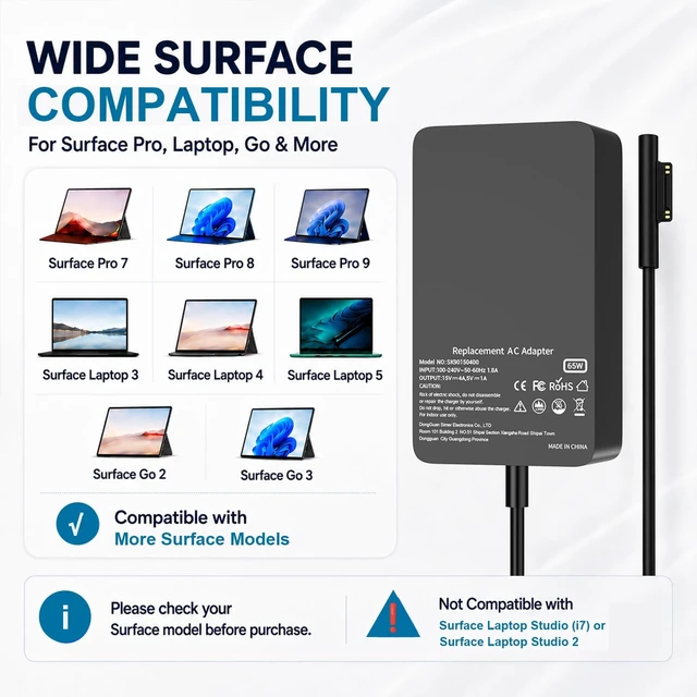 Alt view image 2 of 7 - 65W Surface Pro Charger for Microsoft Surface Pro 7/6/4/3/8/9/11/5