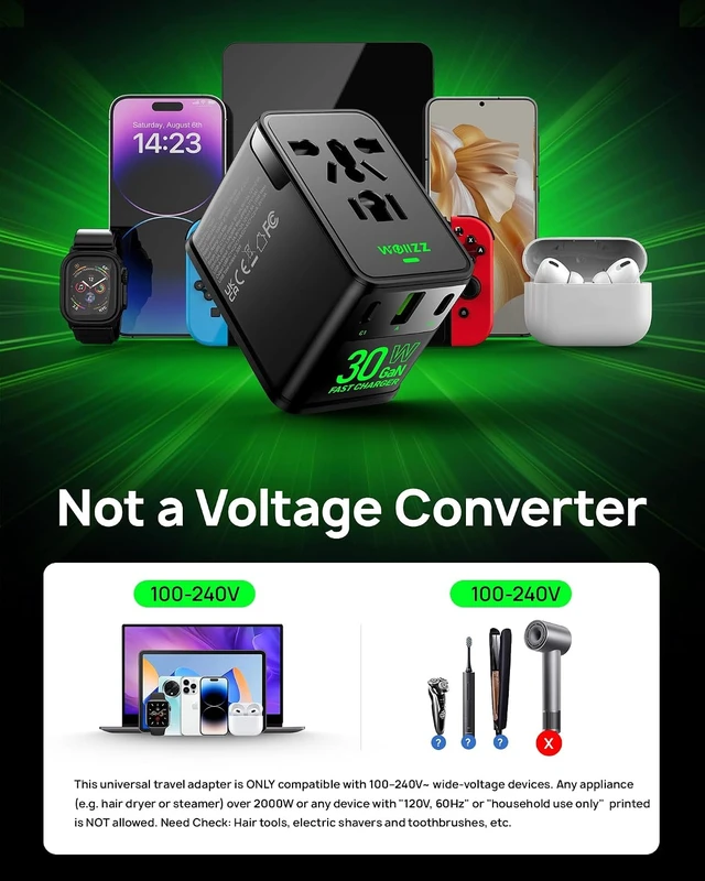 Alt view image 6 of 6 - Travel Adapter 30W GaN Fast Charging European Plug Adapter Worldwide Universal Charger with 4 Ports 1 AC 1 USB-A and 2 USB-C Ports Plug Adapter for USA European UK AUS Japan Black