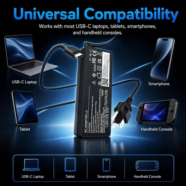 Alt view image 4 of 7 - 100W USB C Laptop Charger Universal Type-C Fast Charging Adapter for Compact Travel Power Supply Compatible with MacBook ThinkPad Acer MSI iPad iPhone Switch