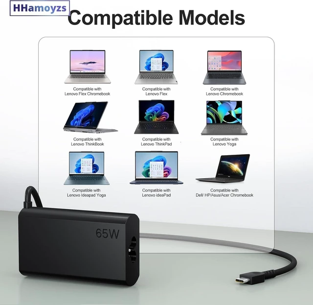 Alt view image 2 of 6 - 2026 New Slim 65W USB C Laptop Charger Compatible with Thinkpad/Yoga 7i 9i L13 /Chromebook/ThinkBook 14 16 Type C Power Adapter