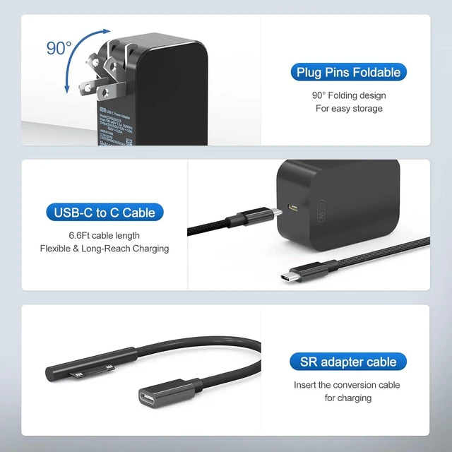 Alt view image 6 of 7 - New 65W Surface Pro ChargerMicrosoft Surface Charge Compatible with Surface Pro 12/11/10/9/8/7+/7/6/5/4/X Power Adapter Microsoft Surface Book 1 2 3 Both Microsoft Surface Laptop/Tablet