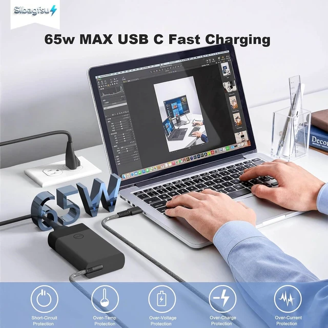Alt view image 2 of 7 - New Slim 65W USB C Laptop Charger for Envy X360 Computer Power Cord