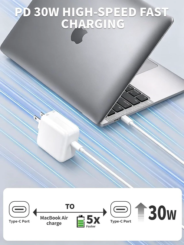 Alt view image 2 of 7 - Mac Book Air Charger 30W USB C Power Adapter With 10FT USB C-C Cable Foldable Block Macbook USB C Charger Fast Charging for Macbook Air M5/M4/M3/M2/M1 iPhone 17 Pro Max/16 Pro/15 iPad/Air/Mini