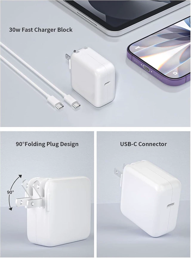 Alt view image 3 of 7 - Mac Book Air Charger 30W USB C Power Adapter With 10FT USB C-C Cable Foldable Block Macbook USB C Charger Fast Charging for Macbook Air M5/M4/M3/M2/M1 iPhone 17 Pro Max/16 Pro/15 iPad/Air/Mini