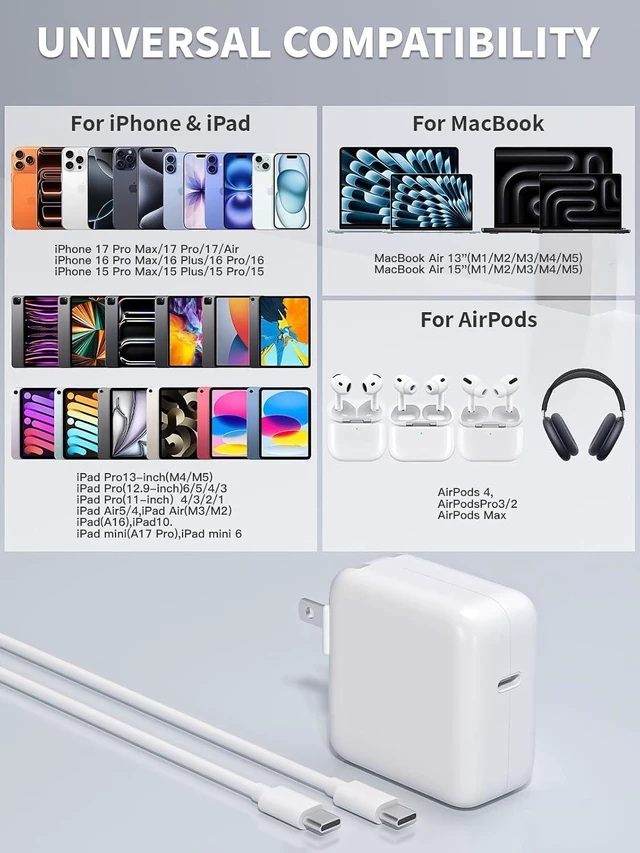 Alt view image 6 of 7 - Mac Book Air Charger 30W USB C Power Adapter With 10FT USB C-C Cable Foldable Block Macbook USB C Charger Fast Charging for Macbook Air M5/M4/M3/M2/M1 iPhone 17 Pro Max/16 Pro/15 iPad/Air/Mini