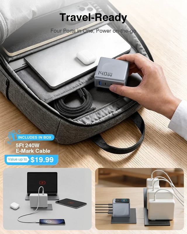 Alt view image 3 of 7 - MacBook Pro Charger 140W 4-Port GaN USB C Fast Charger with Auto-Rotating Smart Display PD 3.1/AVS Laptop Power Adapter for MacBook Pro 16/14 iPad iPhone 17/16 (5ft 240W Cable Included)