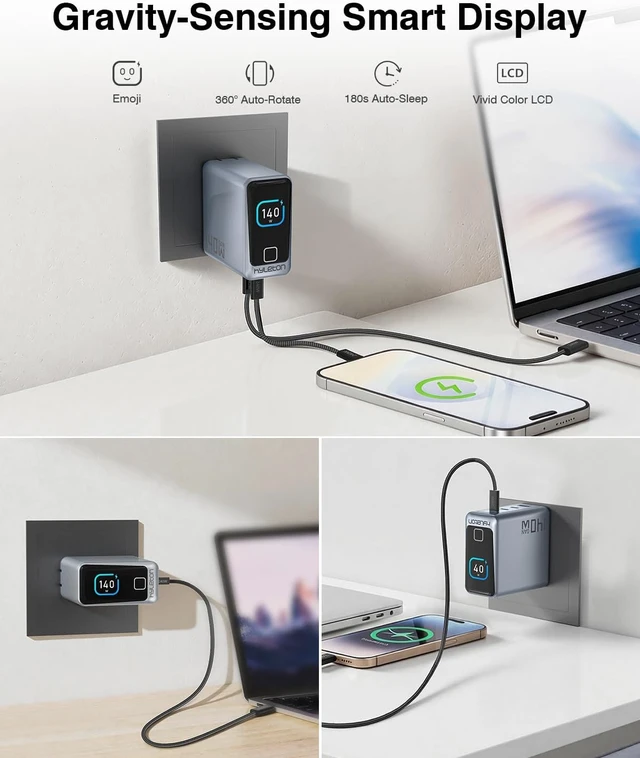 Alt view image 5 of 7 - MacBook Pro Charger 140W 4-Port GaN USB C Fast Charger with Auto-Rotating Smart Display PD 3.1/AVS Laptop Power Adapter for MacBook Pro 16/14 iPad iPhone 17/16 (5ft 240W Cable Included)