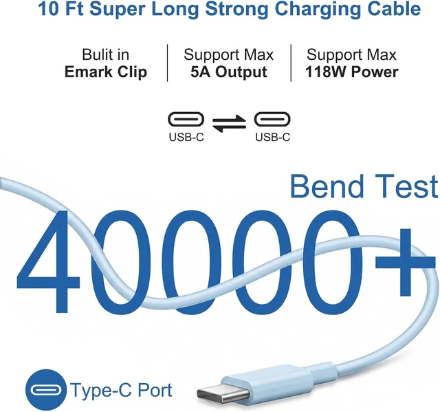 Alt view image 4 of 7 - Mac Book Pro Air Charger with 10FT Extra Long Type C Charging Cable Blue