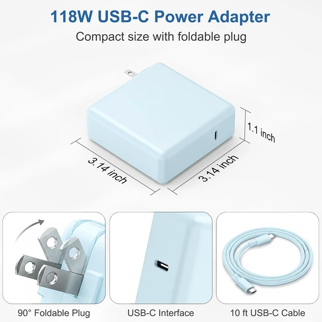 Alt view image 7 of 7 - Mac Book Pro Air Charger with 10FT Extra Long Type C Charging Cable Blue