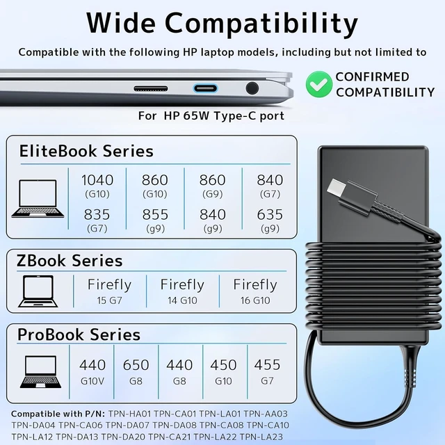 Alt view image 5 of 7 - 65W USB Type-C Laptop Charger for Spectre Envy X360 EliteBook Pavilion