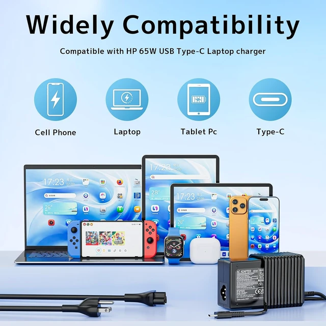 Alt view image 6 of 7 - 65W USB Type-C Laptop Charger for Spectre Envy X360 EliteBook Pavilion