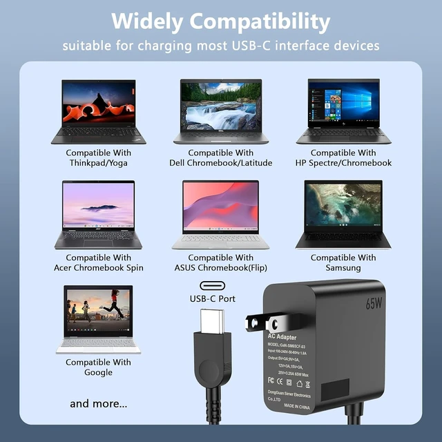 Alt view image 6 of 7 - 65W USB C Charger Compatible with Laptop Notebook Tablet Compatible with USB C Charging Port Devices