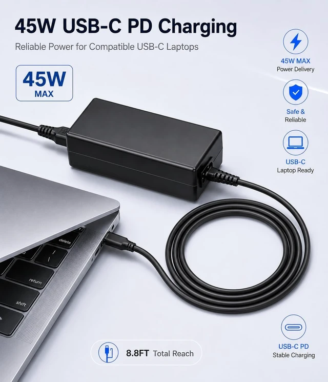 Alt view image 2 of 7 - 45W USB C Laptop Charger for Acer Chromebook