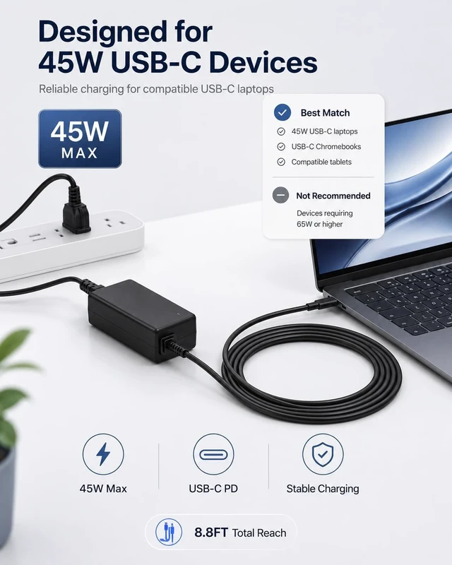 Alt view image 3 of 7 - 45W USB C Laptop Charger for Acer Chromebook