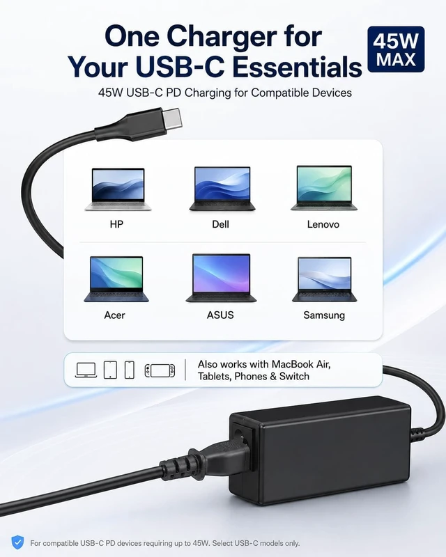 Alt view image 5 of 7 - 45W USB C Laptop Charger for Acer Chromebook