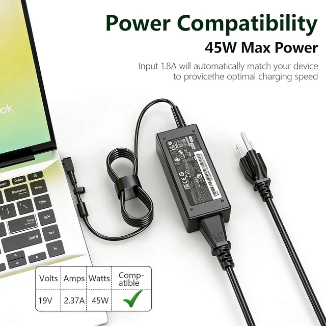 Alt view image 6 of 6 - 45W Laptop Charger Power Adapter Compatible with Acer Aspire 3 14 15 Spin 14 Fit for A314 A315 A317 Series A315-58 58G 57G 24P 44P A314-21 22 31 Laptop Replacement Charger