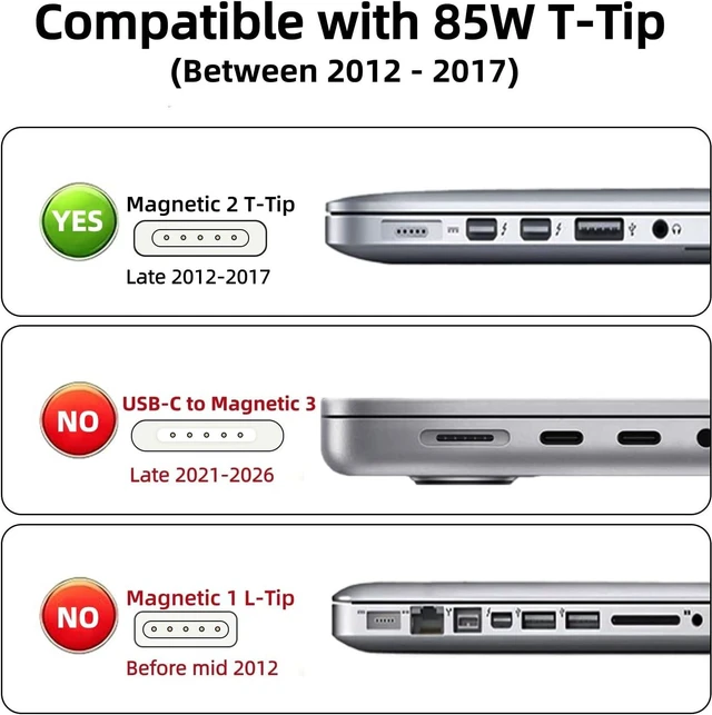 Alt view image 2 of 7 - Old Mac Book Pro Charger - 85W Magnetic 2 T-Tip Power Adapter (2012-2017)