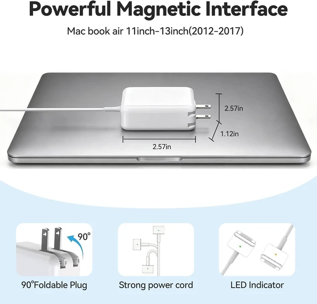 Alt view image 5 of 7 - 45W MacBook Air Charger - Magnetic Type Mag2 T Interface - Compatible with 11-inch and 13-inch MacBook Air Models from 2012 to 2017. Laptop Power Adapter