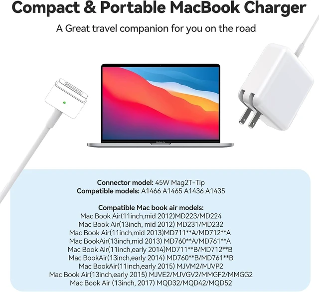 Alt view image 7 of 7 - 45W MacBook Air Charger - Magnetic Type Mag2 T Interface - Compatible with 11-inch and 13-inch MacBook Air Models from 2012 to 2017. Laptop Power Adapter