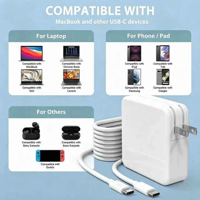 Alt view image 3 of 5 - Mac Book Pro Charger - 100W USB C Fast Charger Power Adapter Compatible with MacBook Air 13 Inch MacBook Pro 16 15 14 13 Inch iPad Pro 2021/2020/2019/2018 6.6ft USB C to C Cable