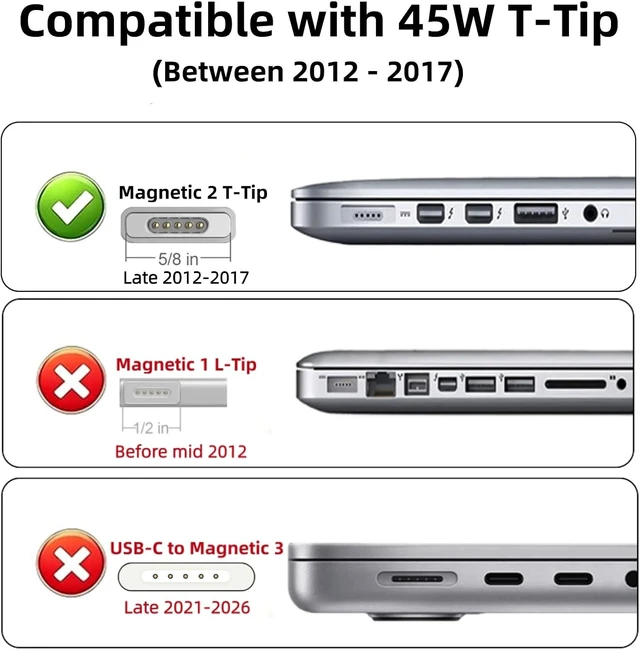 Alt view image 2 of 7 - Old Mac Book Air Charger - 45W Magnetic 2 T-Tip Power Adapter (2012-2017)