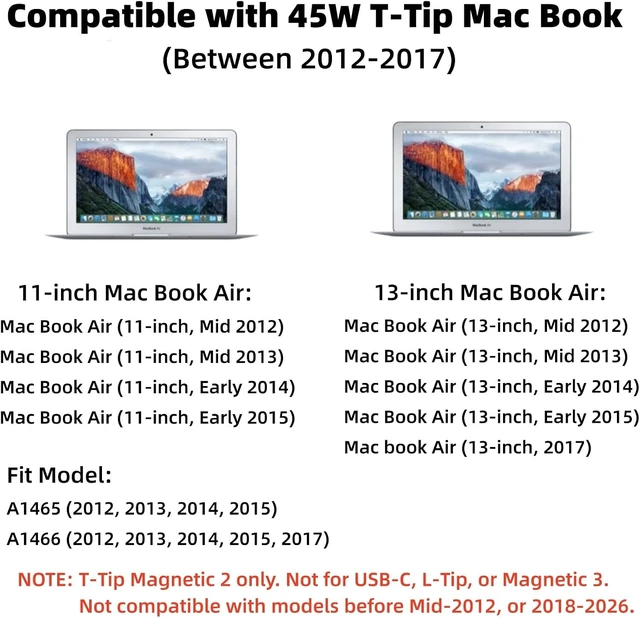 Alt view image 3 of 7 - Old Mac Book Air Charger - 45W Magnetic 2 T-Tip Power Adapter (2012-2017)