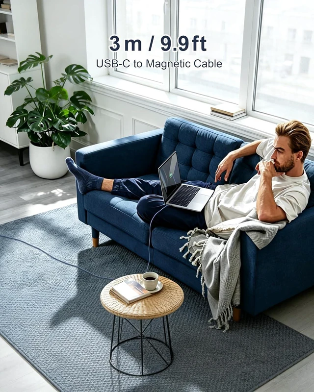 Alt view image 5 of 6 - Magnetic Charger Cable for MacBook Air & Pro 9.9 ft Midnight Blue