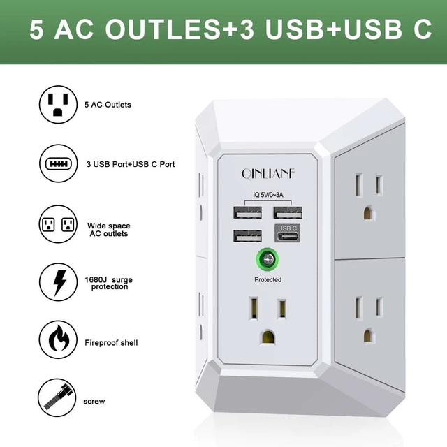 Alt view image 2 of 7 - Wall Charger Surge Protector 5 Outlet Extender with 4 USB Ports